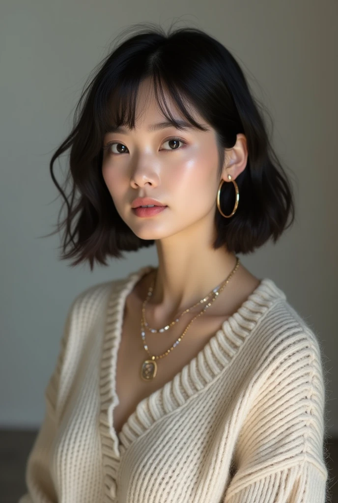 (highest quality, 8k, 32k, masterpiece, Ultra-high resolution:1.2),Beautiful Japanese Women Photos, Large Breasts, Very short bob hair,Upper Body,Face Focus,Extra Large_sweater, necklace, Simple Background, From above, View audience,