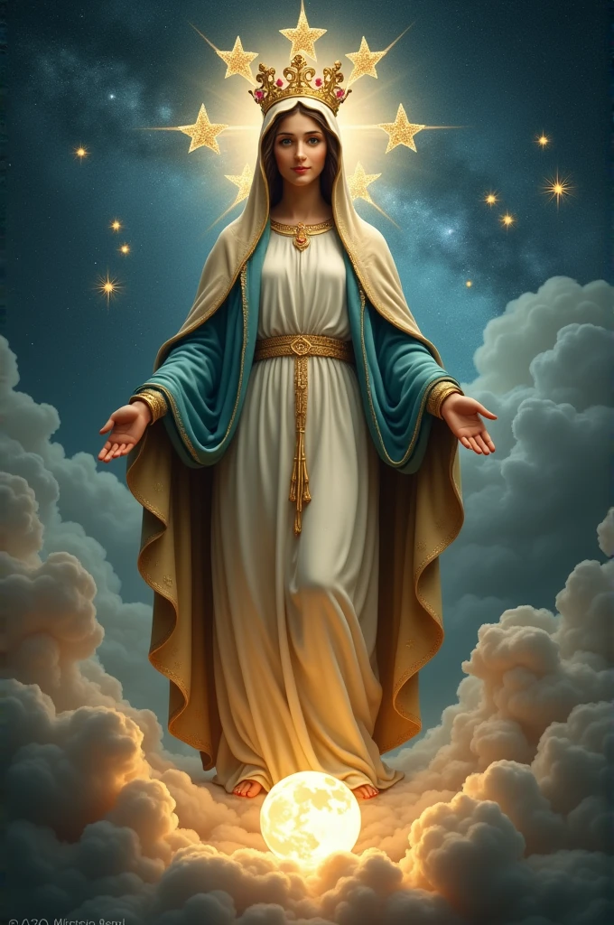 A drawing of the Virgin Mary, with the moon under his feet, with a crown of 12 stars and having the face of the Virgin of Las Lajas