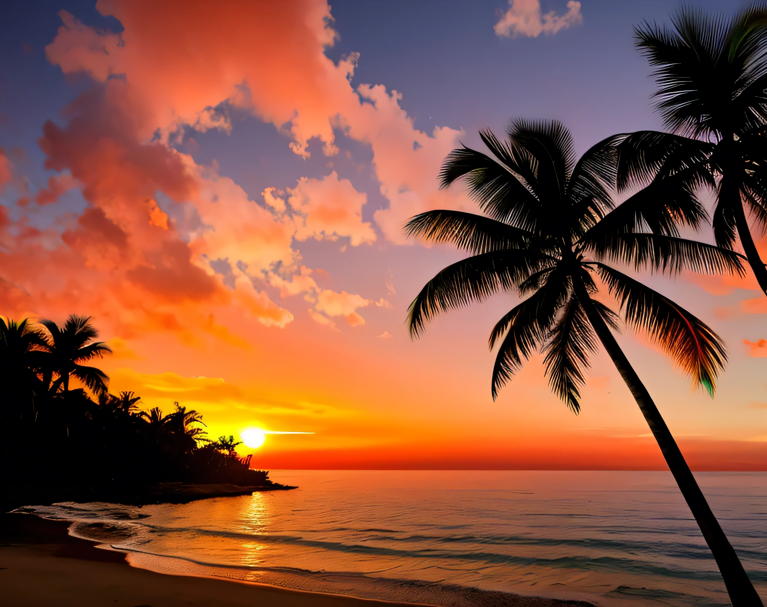 View toward a lush tropical island, calm waves on the beach, Palm tree, dense tropical forest on the hillside in the bacground. Dramatic red-orange sunset.
High Contrast, High saturation, Very detailed, high quality, masterpiece, Mysterious, Particle Effects, (Dust, Gust of wind:1.07), Volumetric Light, light, Goldsmith, Vibrant colors, Bokeh, Depth of written boundary.
