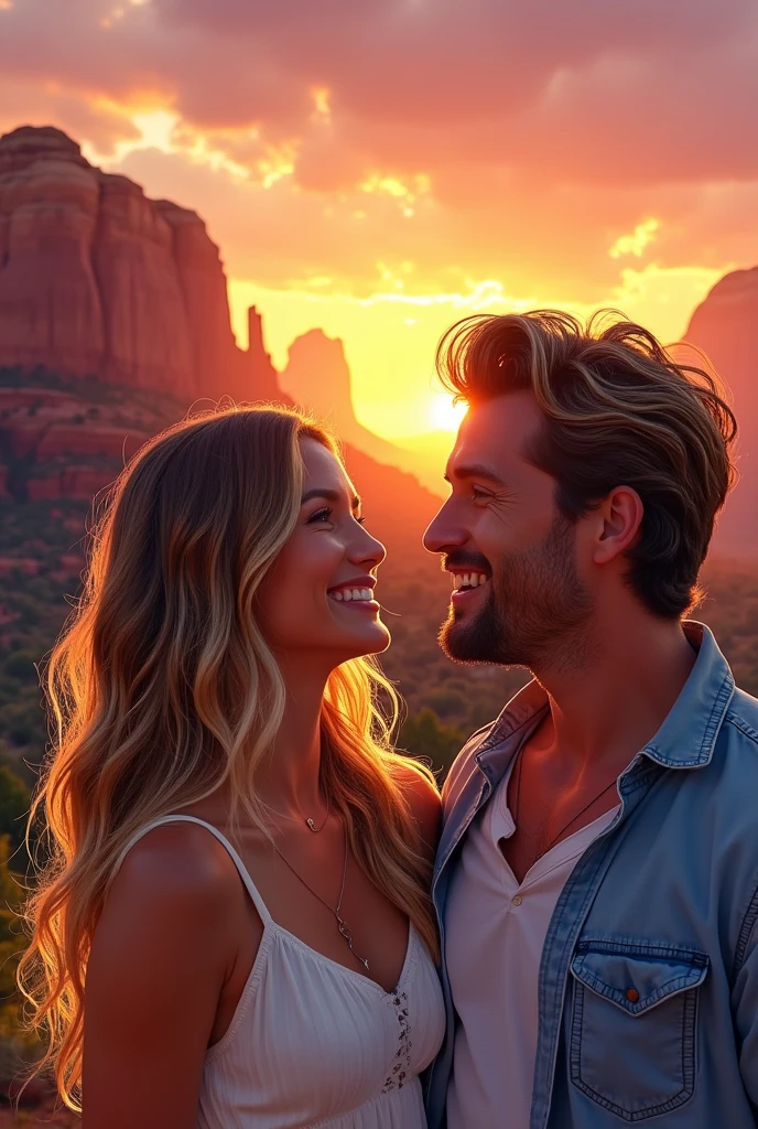 Woman with loose wavy light brown hair smiling at a man and slightly wavy blonde hair with beautiful physique in front of Sedona rocky stones with a beautiful sunset behind in drawing