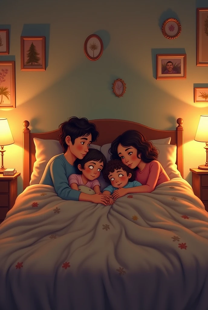 A family in bed facing away from each other sleeping at night