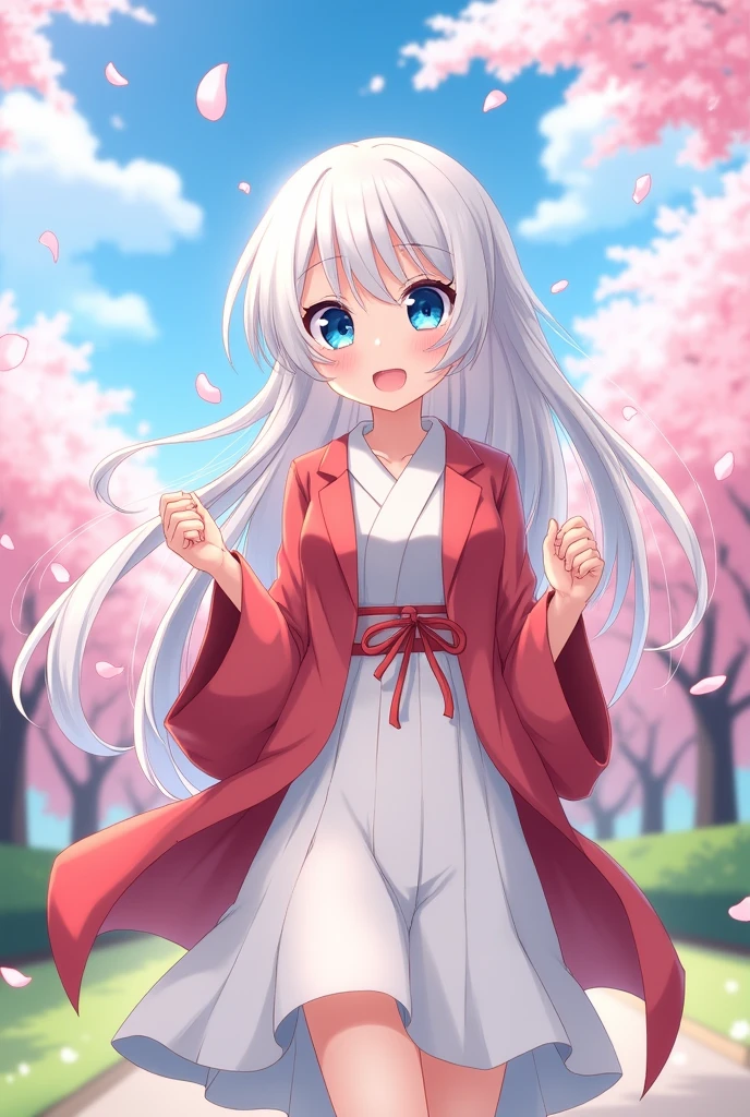 Cute girl she wearing light red haori and white uniform white long hair blue eyes
