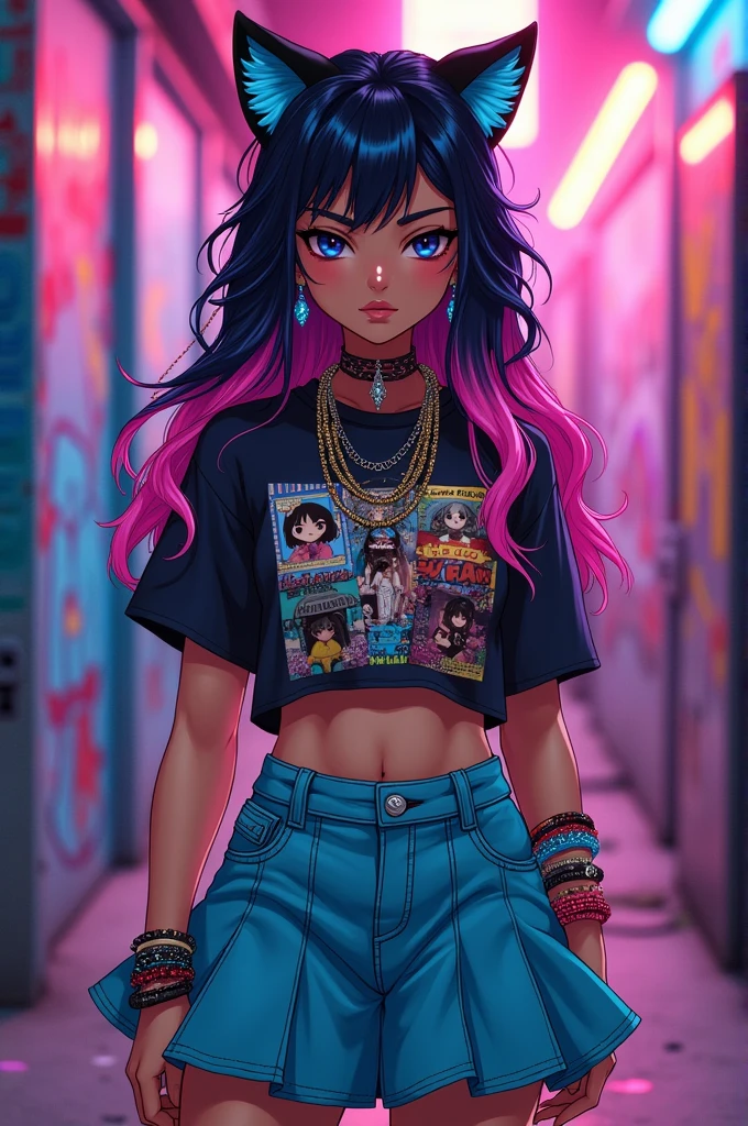 Create a young American-Japanese girl named Mya. She has long, colorful hair (pink and blue) anime style. Wears black or colored cat ears. Wears a vibrant t-shirt with anime prints, short skirt or neon pants, colorful socks and combat boots. Add accessories like bracelets and necklaces. She has an athletic physique, confident stance, and big, vibrant eyes. The expression should show determination and sadness. Show it in a dynamic pose.