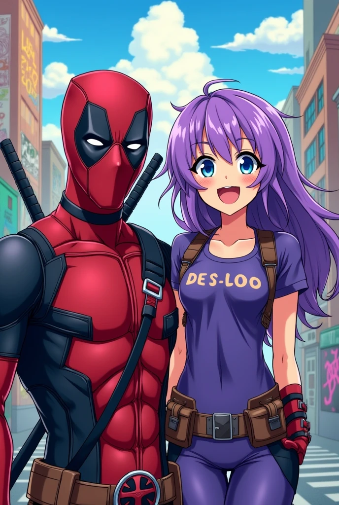  Deadpool in love and in funny poses looking at the camera in comic style next to a girl with purple hair and blue eyes in anime poster style