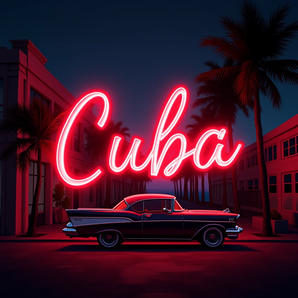 I want a profile picture for a Facebook page called Cuba. I want the words to be in the middle with red neon colors and something from the Vice City game in the background.