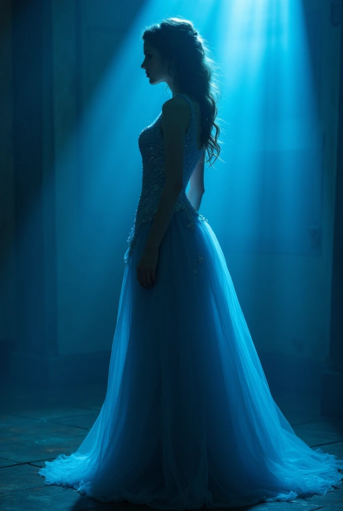 "A dark fantasy scene in the style of a 1980s live-action film, featuring a human actress portraying Cinderella, dressed for the ball. She is wearing an elegant, shimmering blue gown with intricate details and a classic, vintage style. The scene is set in a dimly lit, mysterious environment with soft blue lights in the background, casting a haunting glow that reflects off Cinderella and her surroundings. These lights create deep, dramatic shadows, emphasizing the contours of her face and the flowing fabric of her gown. The atmosphere is both magical and eerie, reminiscent of an old fairy tale brought to life with a dark twist. The overall aesthetic captures the gothic romance and enchantment of a classic 1980s fantasy film, with the characters rendered as human actors. The scene focuses on a medium shot of Cinderella, highlighting her serene yet slightly melancholic expression, as she stands in an otherworldly, dreamlike setting."