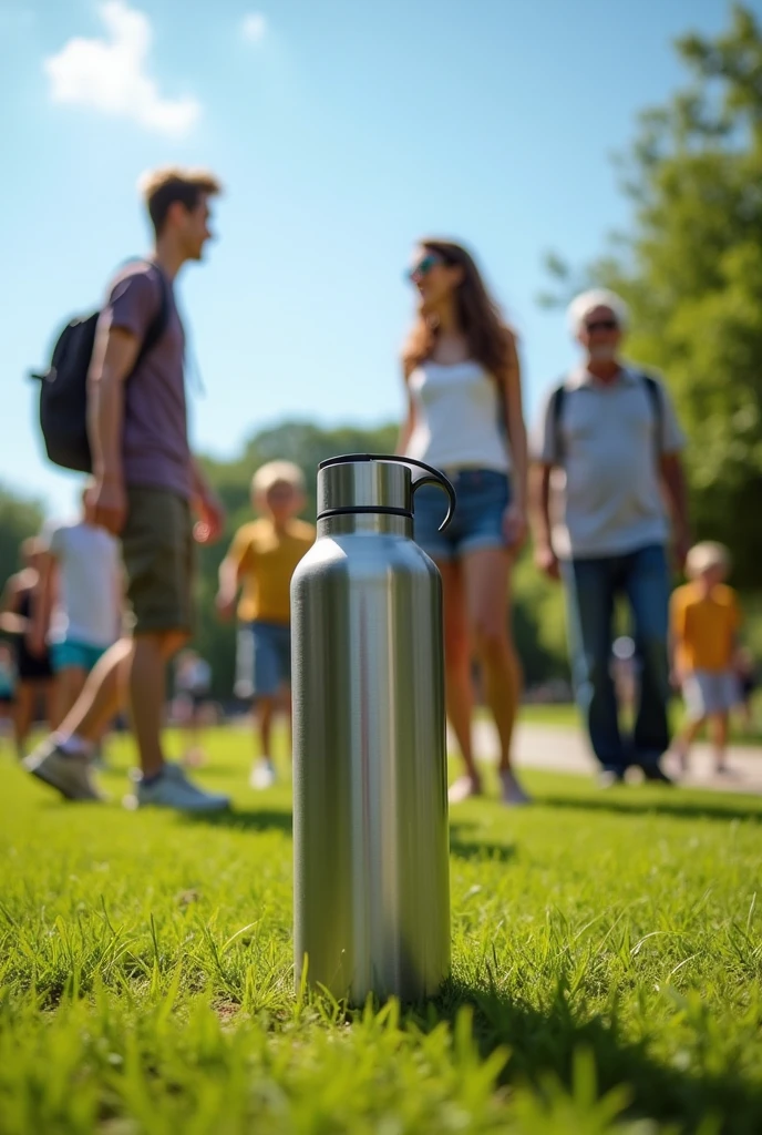 Steel thermos with carbon filter held by different people of different ages
