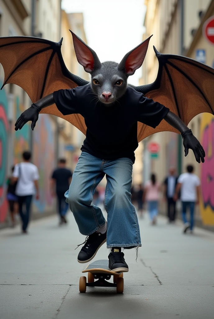 Bat on a skateboard wearing wide-leg jeans , a black shirt and black Adidas superstar shoes 