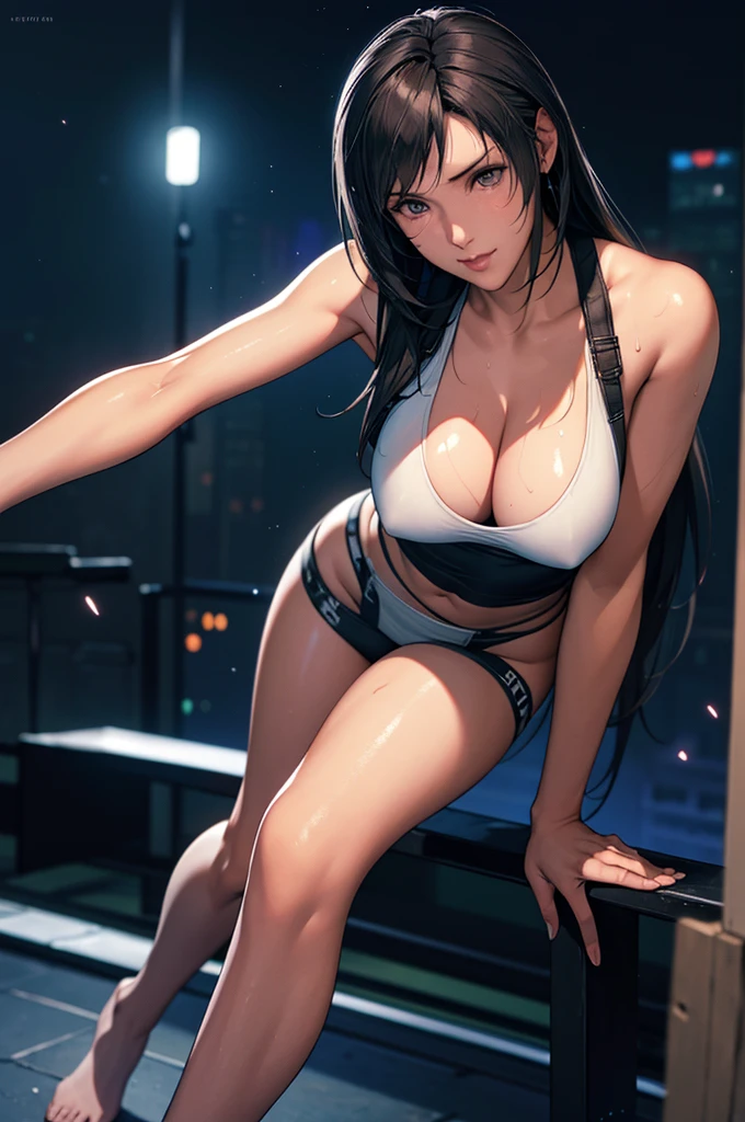  ((Master quality, 8K, masterpiece:1.3, ultra-detailed, high resolution, RAW Photos, detailed , blurry, Actual, hyper realistic, photo, HDR)), BREAK, Anatomically perfect, perfect hands, perfect legs, perfect feet, detailed eyes, BREAK, One person alone, ff7r style, tifa lockhart,, beautiful face, beautiful detailed eyes, (dynamic posing ), long hair, ( Round and Stacked Breasts ), Cleavage, abs, seductive  smile:1.5, Sweat-soaked skin, BREAK, wearing( ), , Graffiti art, BREAK, ( Random Angle, full-body, ), dynamic angle, , background(Realistic , cinematic lighting, depth of field, night , the full moon,, cyberpunk city atmosphere light particles, , )