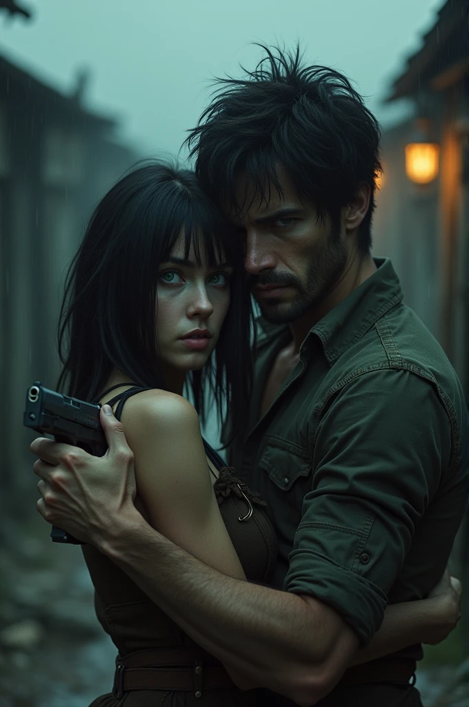 fund: shanty town, the guy is behind hugging the woman from behind. One of his hands is on her neck and the other has a gun. The guy has black hair. She has medium length black hair.. she has light green eyes. He has dark green eyes. They both have white skin tones. Castlevania style. high resolution. 8k.