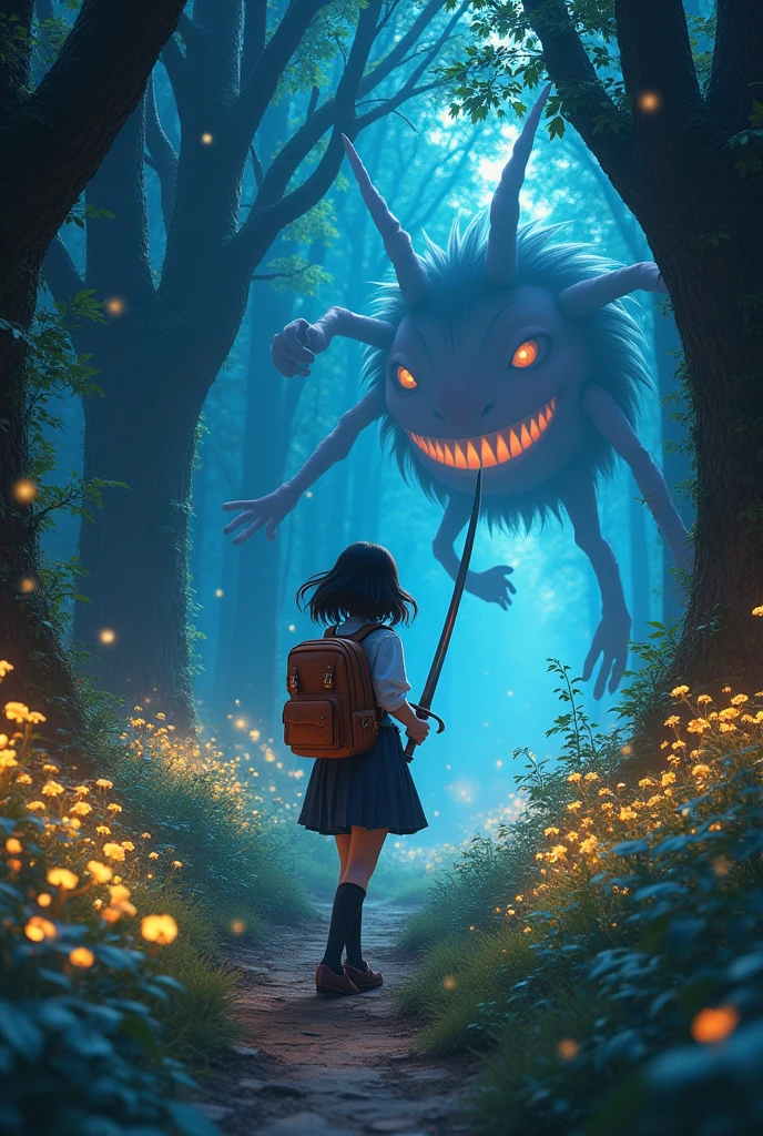 (animation:1.2), fantasy forest, magical atmosphere, schoolgirl outfit, backpack, holding sword, walking towards a creature, ready to attack, dynamic pose, intricate details, glowing elements, mystical lighting, enchanted environment, vibrant colors, cinematic composition, by Hayao Miyazaki, by Yoshitaka Amano
