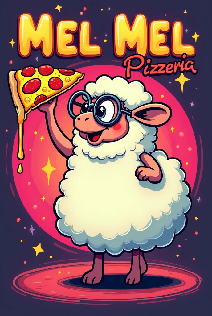 make me a poster of an 80s style pizza a cartoon style female sheep 
holding pizza

a sentence written on top

Mel Mel Pizzeria
