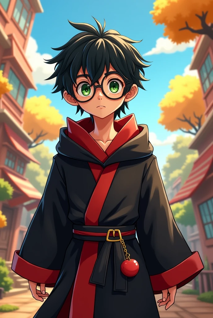 A teenage boy with shaggy black hair round glasses green eyes and white skintine live action with black and red robes on 15 years old in the style of Bluey