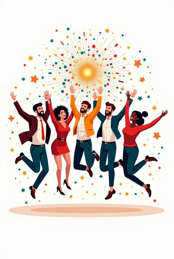 Business Team Success. Vector illustration in flat style of a diverse group of people jumping for joy. Isolated on background with festive tinsel