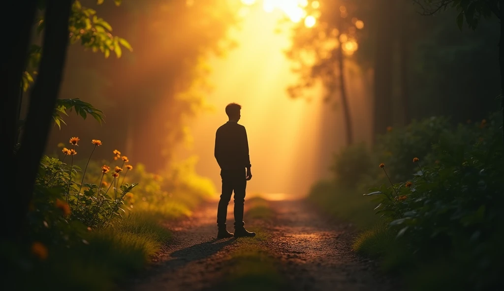 A macro photo of a person's silhouette at a crossroads, with one path well lit and the other shrouded in shadows. Contrasting lighting symbolizes life choices and the importance of privacy in guiding the journey. The focus should be on the contemplative posture of the silhouette and the decisive moment of choosing a path..--ar 16:9