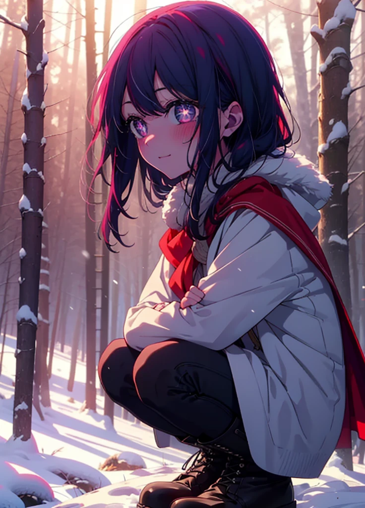 aihoshino, Ai Hoshino, Long Hair, bangs, (Purple eyes:1.1), Purple Hair, (Symbol-shaped pupil:1.5), smile,,smile,blush,white breath,
Open your mouth,snow,Ground bonfire, Outdoor, boots, snowing, From the side, wood, suitcase, Cape, Blurred, , forest, White handbag, nature, Squat, Mouth closed, Cape, winter, Written boundary depth, Black shoes, red Cape break looking at viewer, Upper Body, whole body, break Outdoor, forest, nature, break (masterpiece:1.2), Highest quality, High resolution, unity 8k wallpaper, (shape:0.8), (Beautiful and beautiful eyes:1.6), Highly detailed face, Perfect lighting, Extremely detailed CG, (Perfect hands, Perfect Anatomy),