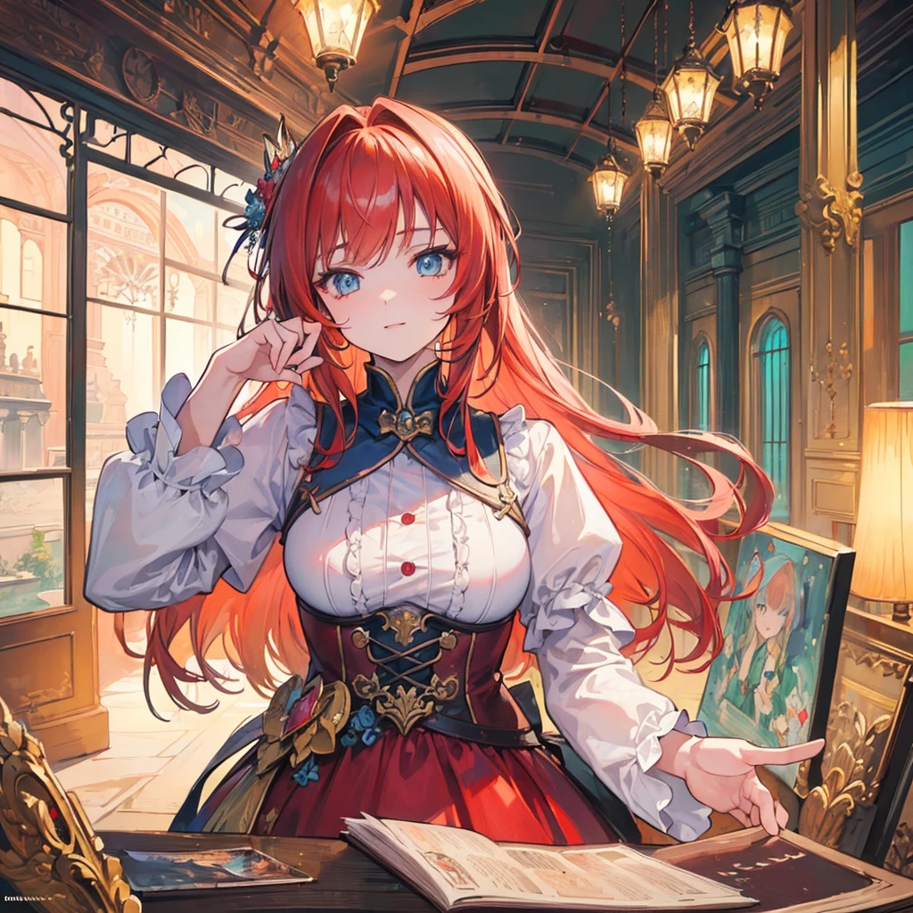(masterpiece:1.4), (best quality:1.4), extremely detailed, intricate, hyper detailed, (PERFECT FACE), illustration,soft lighting, scenic, 1girl, happy, Vivid auburn hair, colorful, colorized, from_below ,fish_costume , stadium