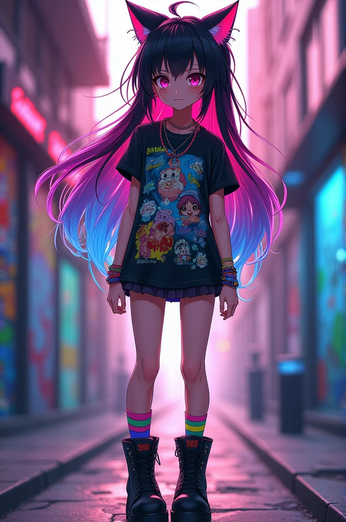 Create a young American-Japanese girl named Mya. She has long, colorful hair (pink and blue) anime style. Wears black or colored cat ears. Wears a vibrant t-shirt with anime prints, short skirt or neon pants, colorful socks and combat boots. Add accessories like bracelets and necklaces. She has an athletic physique, confident stance, and big, vibrant eyes. The expression should show determination and sadness. Show it in a dynamic pose.