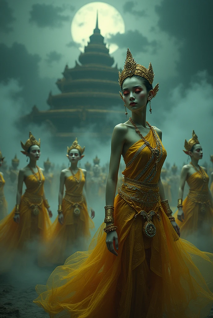 (photorealism:1.2), beautiful ghost woman,Thai ghosts, dancing ghosts, all appearing. On their heads they wear golden crowns decorated with beautiful gems. Their skin is honey-colored but pale. Their faces are beautiful with red eye circles. Their eyes are emerald colored. They wear Thai dresses with diagonal sashes and gold patterns with red clips. They wear beautifully woven fabrics. On their wrists they wear ancient gold bracelets with small, cute bells. Their large, erect breasts and slender waists are good-looking and sexy. They dance Thai dances gracefully, tilting their bodies slightly, and smiling, but it gives goosebumps. The background atmosphere is dark with moonlight, a large Phra Tan, clouds, and fog.