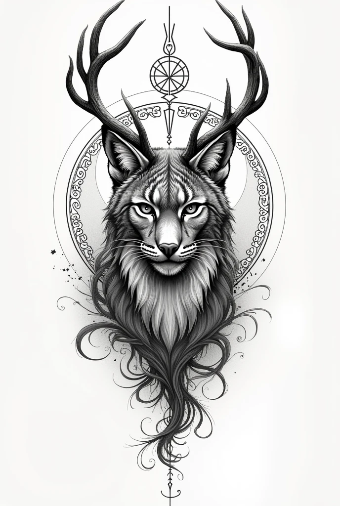 could you create a forearm tattoo sketch of a lynx with deer antlers, also with Nordic symbols 