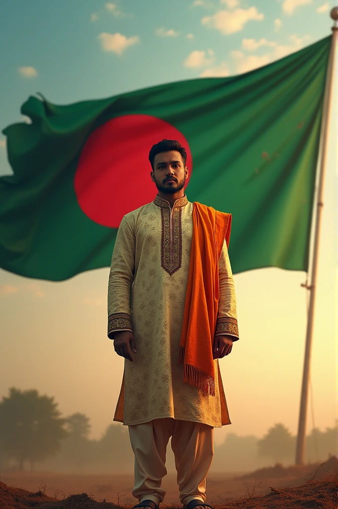 Bangladesh flag and in the middle of the flag a man stand 