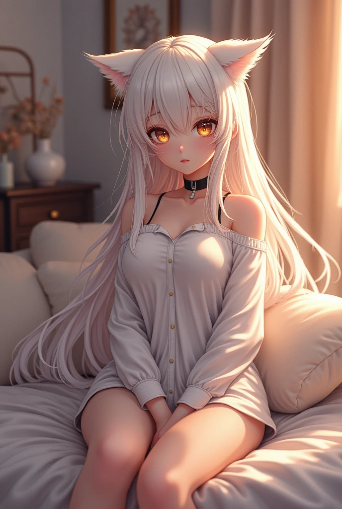 Race: Catgirl Demihuman
Height: 165cm.
Skin: Fair and unblemished.
Hair: Very Long silky white hair that reaches her knees when not styled + Slightly messy bangs.
Eyes: Golden eyes.
Body: Beautiful face + Very large soft breasts + Slender waist + Wide hips + Toned stomach + Slender/soft thighs + Large soft ass + Luscious lips + Soft/Fluffy cat ears + Soft cat tail + Very tight Vagina/Anus.
Outfit: Wears a casual white sleeping shirt with most of the buttons undone + A black cat collar.
