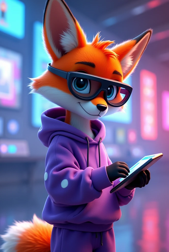 Create a 3D Disney Pixar style young fox named Fluffy, with a modern and technological look. She should have vibrant orange fur with white spots on her belly and paws., with big, expressive eyes and cute ears. Fluffy must be completely visible, with a technological and stylized look:
vestimentas:
A plain purple hoodie with no prints, com um design elegante e minimalista. The hoodie should have a modern fit, slightly oversized, and a hood that adds a touch of style.
Coordinating purple jogger pants, also without prints and with a modern and comfortable finish, with subtle details like discreet zippers or pockets.
Accessories to be included:
Augmented reality glasses (midair) with a futuristic design and holographic lenses.
A state-of-the-art smartwatch with an interactive display and a stylish wristband.
Wireless headphones with a sleek, modern design, possibly with subtle LED lighting.
A futuristically designed tablet or handheld device, that Fofinha may be holding or using.
Sneakers with LED or holographic details, that light up or change color.
Cute must be in a complete and dynamic pose, talvez ajustando os óculos midair ou interagindo com o tablet. The background should be a technological and futuristic environment, like a modern office with digital panels and LED lighting, or a creative, high-tech space, which complements the fox's young and technological style.