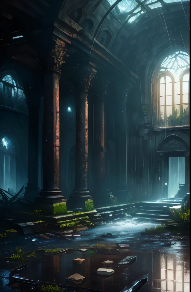 (best quality, masterpiece),( dark sky, heavy rain, inside abandoned temple, low water level stagnant water, ), realistic background, 2112, light*_black_particle,