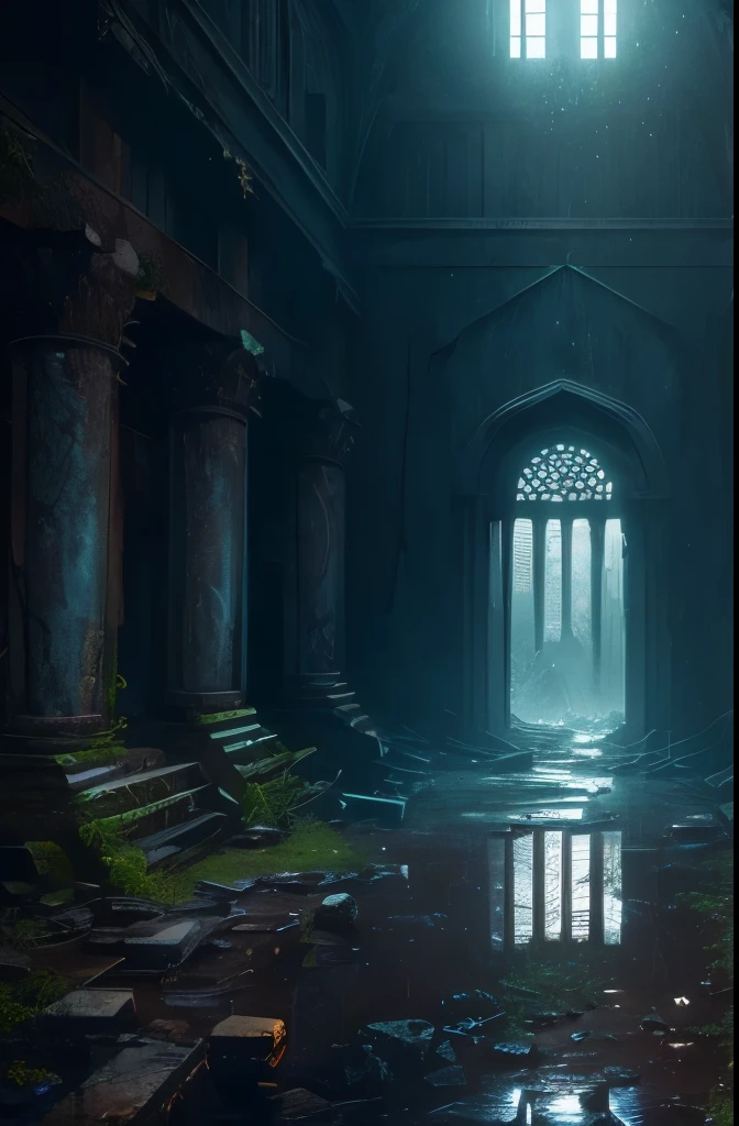 (best quality, masterpiece),( dark sky, heavy rain, inside abandoned temple, low water level stagnant water, ), realistic background, 2112, light*_black_particle,