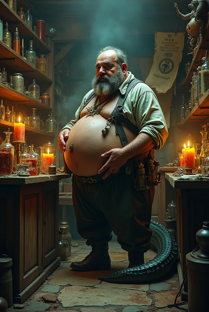 Hunchbacked man short strong fat and holding potions ugly man with alligator tail 