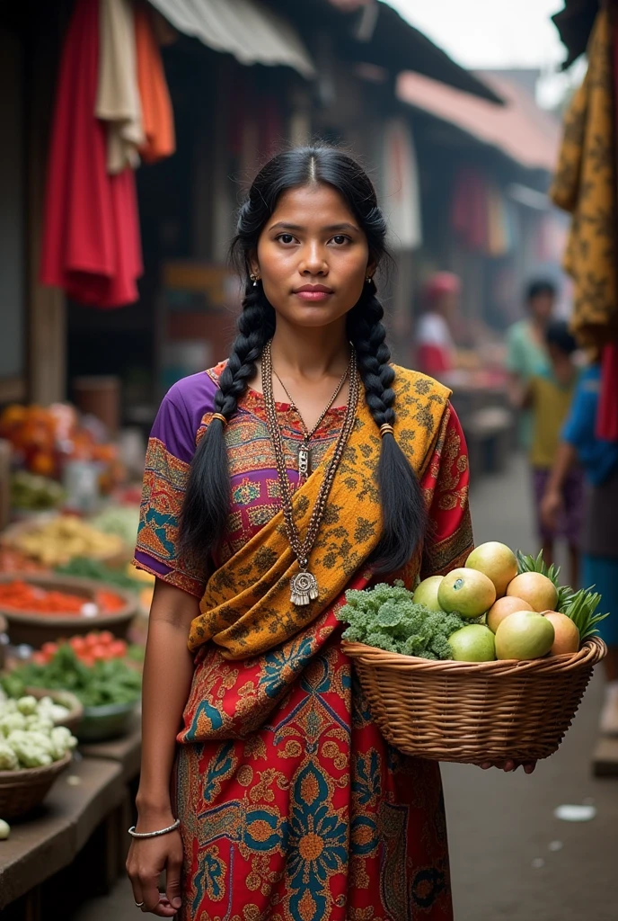 An adult village woman with her hair braided in two black braids, wearing traditional Javanese village clothes and carrying a basket with a regular shawl, is walking in the middle of the busy traditional market., front facing object, the object looks full body, with a rustic aesthetic feel, real picture,