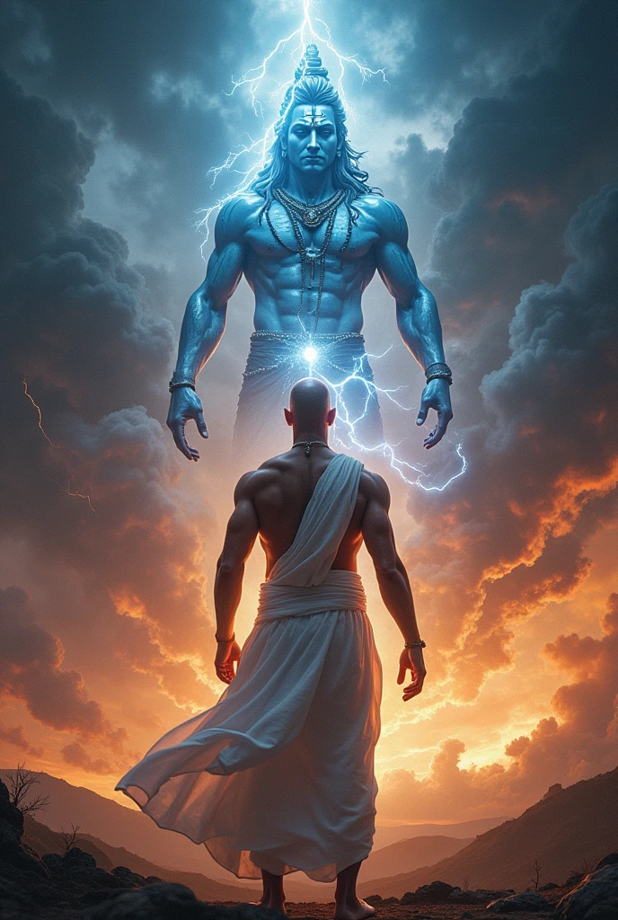 Create the image of the magician Shantih by invoking a Pashupatastra with the following instructions:
#Appearance The wizard Shantih wears ordinary white clothing and a necklace with large beads. (japamala), closely resembling a Buddhist preacher. Furthermore, presents a third eye (bindi) and a great muscular build, which makes others mistake him for a martial artist. He's bald and doesn't have a beard.
Pashupatastra is an astra , a heavenly missile, affiliated with the Hindu deity Shiva , bem como Kali e Adi Parashakti , that can be triggered by the mind, through the eyes, by words or by a bow. Should never be used against lesser enemies or by lesser warriors. (humans), Pashupatastra is capable of destroying creation and defeating all beings. It is one of the six Mantramukta weapons that cannot be resisted..
It is the most powerful astra of Shiva, and the embodiment of his energy and power. When fired, a manifestation of Shiva appears in the sky with a thousand heads., thousand eyes, a thousand stomachs and a thousand feet. Possesses the absolute power capable of annihilating anything, including divine entities and universal creation itself. This weapon had to be obtained directly from Shiva.