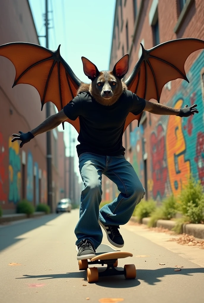 Bat on a skateboard wearing wide-leg jeans , a black shirt and black Adidas superstars