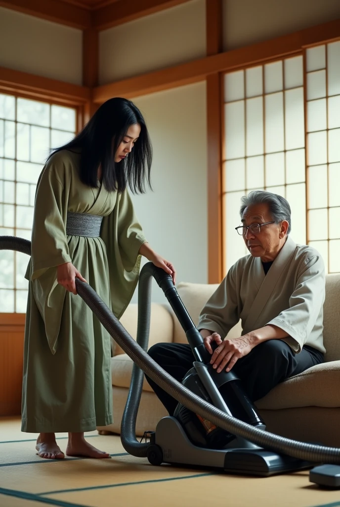 A beautiful Japanese woman uses a giant vacuum cleaner to try to suck the body of a middle-aged man out of the end of the hose.、The middle-aged man's entire body is about to be sucked through the vacuum cleaner hose.。