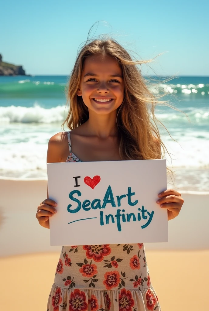 Beautiful girl with wavy long hair, bohemian dress, holding a white board with text "I Love Seaart Infinity" and showing it to the viewer