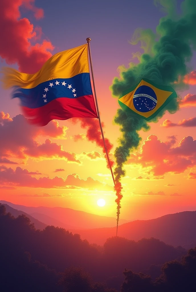 Poster with a beautiful sky and a sunset in the background plus two smoke-shaped flags, one from Venezuela and the other from Brazil