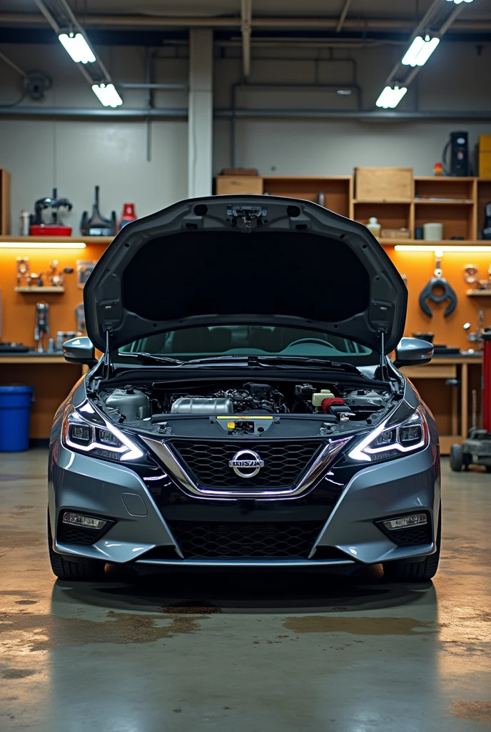 (photorealism:1.2), B14 Nissan Sentra vehicle, color gris, inside a workshop, with the hood up