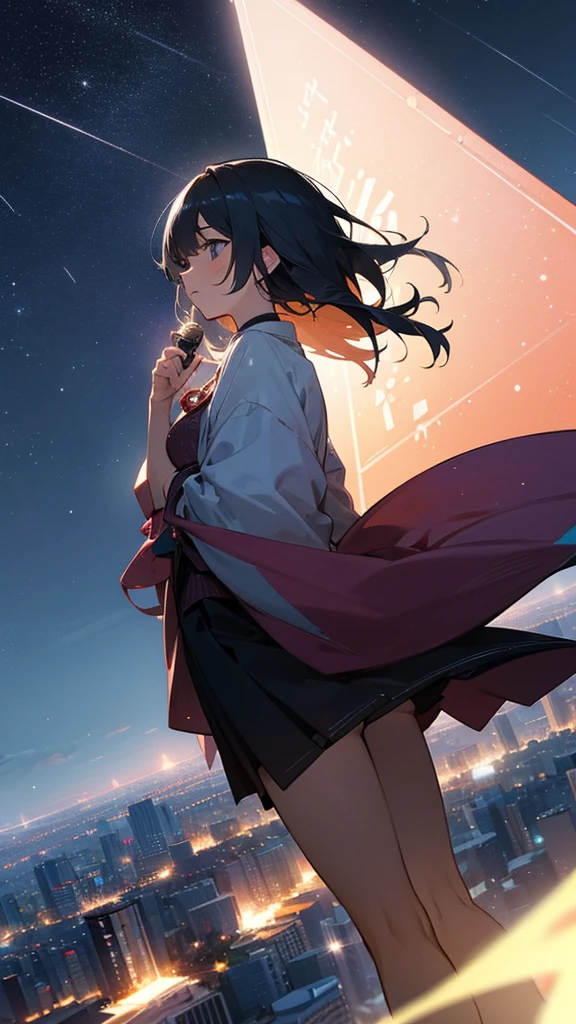 I want a picture of a person in Tokyo at night looking at the sky full of stars