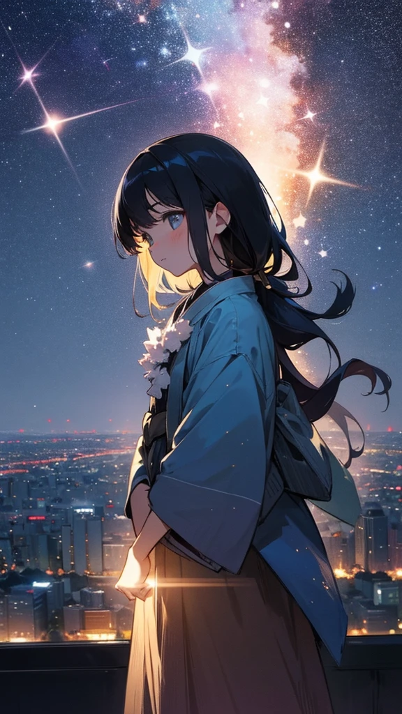 I want a picture of a person in Tokyo at night looking at the sky full of stars