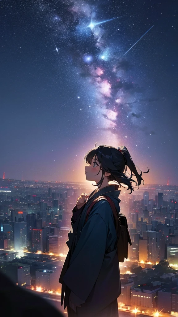 I want a picture of a person in Tokyo at night looking at the sky full of stars