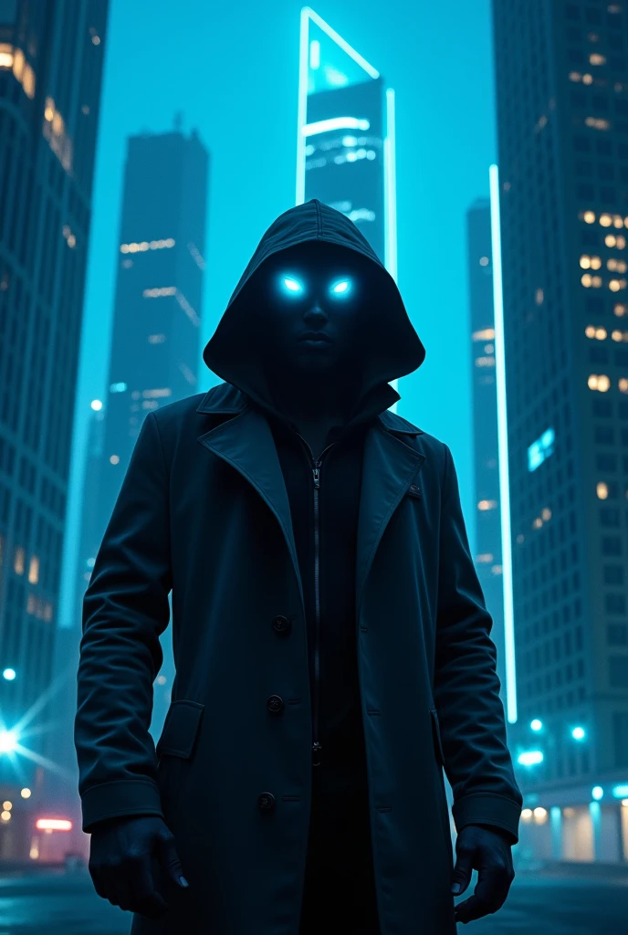 A mysterious man stands at the center of the scene, his face obscured by the shadows of a hooded trench coat. His eyes glow faintly with a soft blue light, adding an eerie yet captivating aura. The man’s face is completely hidden, leaving only a silhouette where his features should be. Surrounding him are towering modern skyscrapers with sleek, glass facades reflecting the neon blue hues of the environment. The buildings are futuristic, with sharp angles and high-tech designs, embodying a cyberpunk aesthetic. The background is a deep blue, filled with subtle electric currents and rays, enhancing the overall cyberpunk atmosphere. The scene is both dark and illuminated by the urban lights, creating a contrast that emphasizes the mysterious nature of the figure