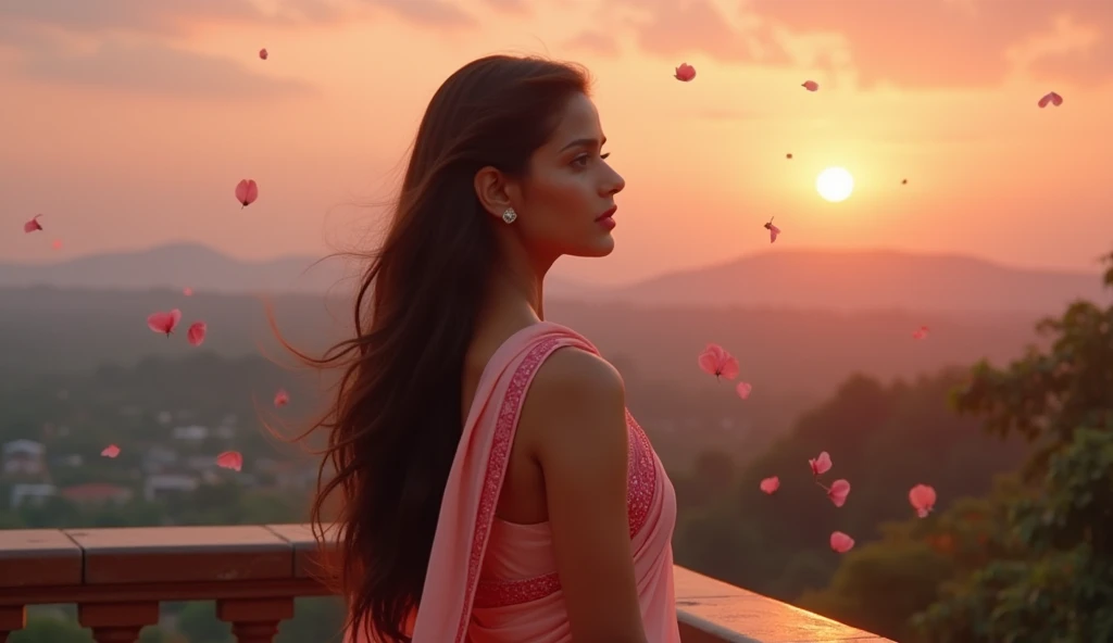 For the thumbnail, imagine a romantic and dreamy Bollywood-style image that captures the essence of the song "Tere Bina Main Hoon Adhuri." Here's a detailed prompt:

---

**Thumbnail Prompt:**

A young, beautiful Indian woman with long, flowing hair, dressed in an elegant, pastel-colored saree. She stands on a picturesque balcony at dusk, overlooking a serene landscape with a soft pink and orange sky. Her expression is a mix of longing and hope as she gazes into the distance, lost in thoughts of her love. The scene is gently illuminated by the warm, golden light of the setting sun. Around her, delicate flower petals float in the breeze, adding to the romantic atmosphere. In the background, faint outlines of mountains or a distant city skyline create depth.  

---

This image should evoke the feeling of love, longing, and the beauty of a romantic connection.