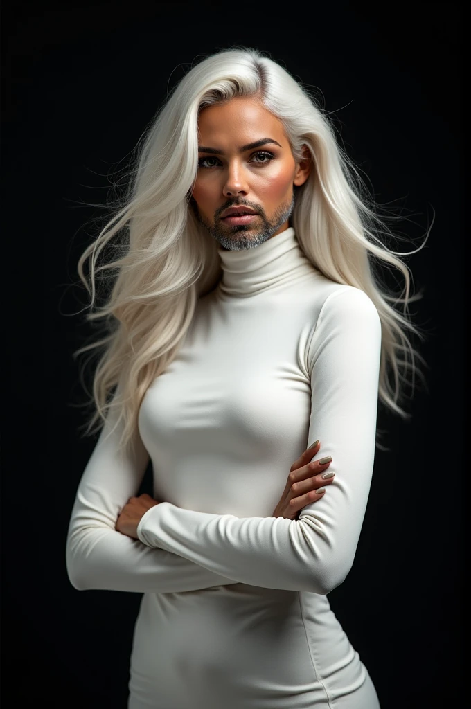 Realistic female characters, white turtleneck, beard, white hair with black background, name free fire