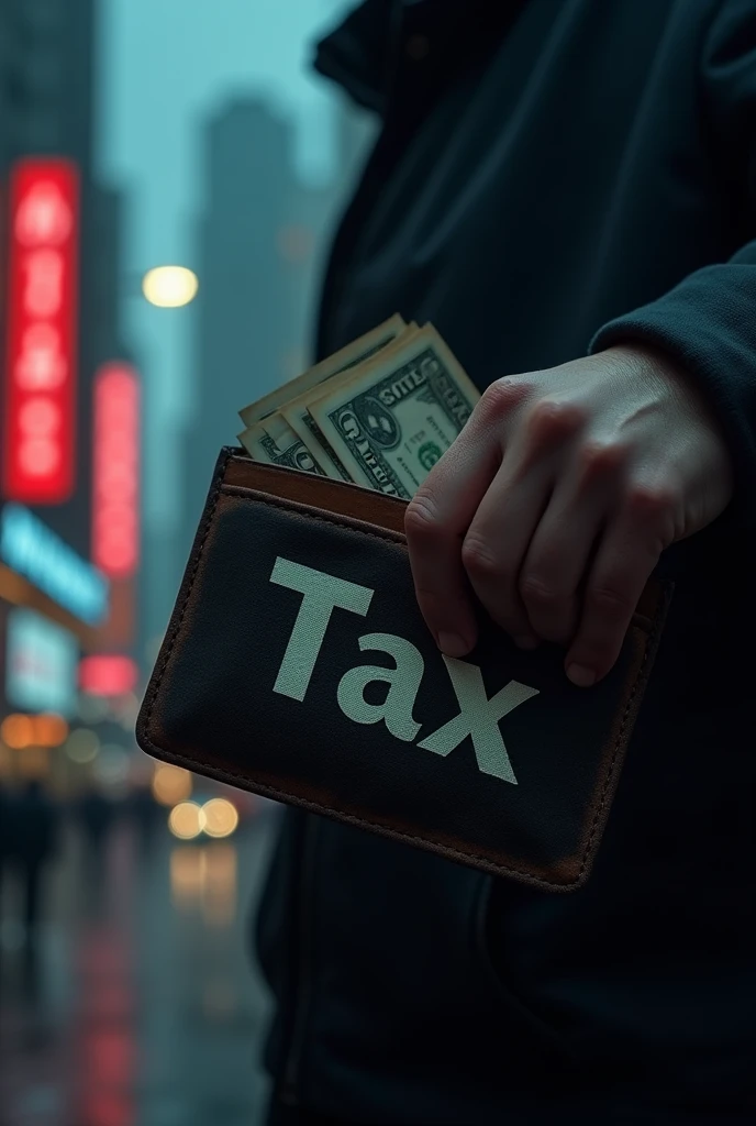  A hand taking money out of a wallet with the word "Tax", symbolizing the idea that taxation is theft.
