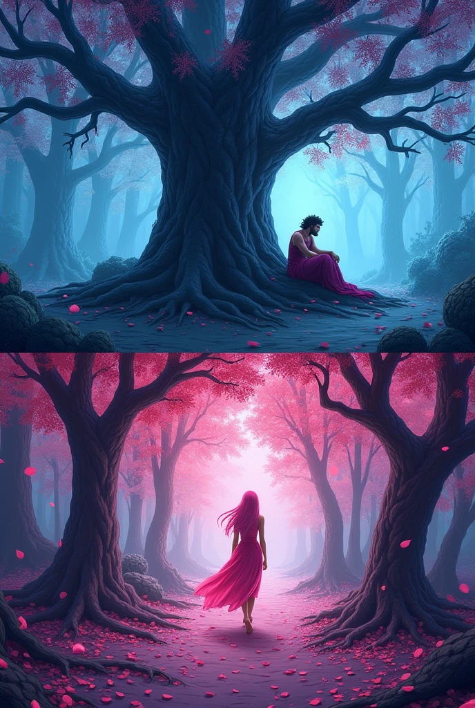 In two real woods, I want a painting that completes itself, in the style setting of the internet comic Lore of Olympus , being at the top the blue background where Hades is sitting under a tree with pink petals coming from below, in the second frame I want Persephone walking with her long pink hair I want darker pink petals coming out of her and for the black floor from the top image to run into the bottom image, simple image to paint, the image has to be in comic book style