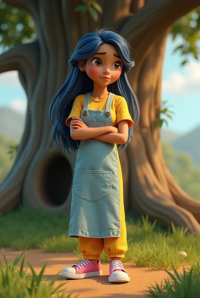 ((masterpiece, best quality)), award winning, 4k, 8k, 3d pixar animation character, visible face, SIDE VIEW,(one 25 YEAR OLD woman NAMED BRISA), portrait, beautiful, cute, yellow shirt, yellow pants, light long blue apron, pink sneakers, long plaid blue hair, light tan skin, brown eyes, ((Perfect Hands)), UHD, 8K, her pose is LOOKING DOWN SAD TALKING with a little latin girl pose, BACKGROUND IS: ((masterpiece, best quality)),3d illustration of countryside el salvador, a big, tall and wide amate tree behind with a big hole in its trunk)