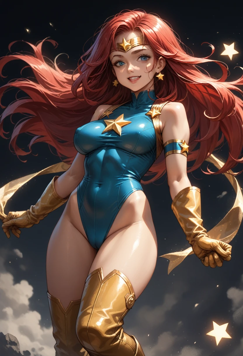 score_9, score_8_up, score_7_up, score_6_up, score_5_up, score_4_up, Sexy, Superheroine, Red hair, long hair, busty, ((blue highleg leotard with a t-back thong and a gold star insignia on chest)), gold boots, gold gloves, happy expression