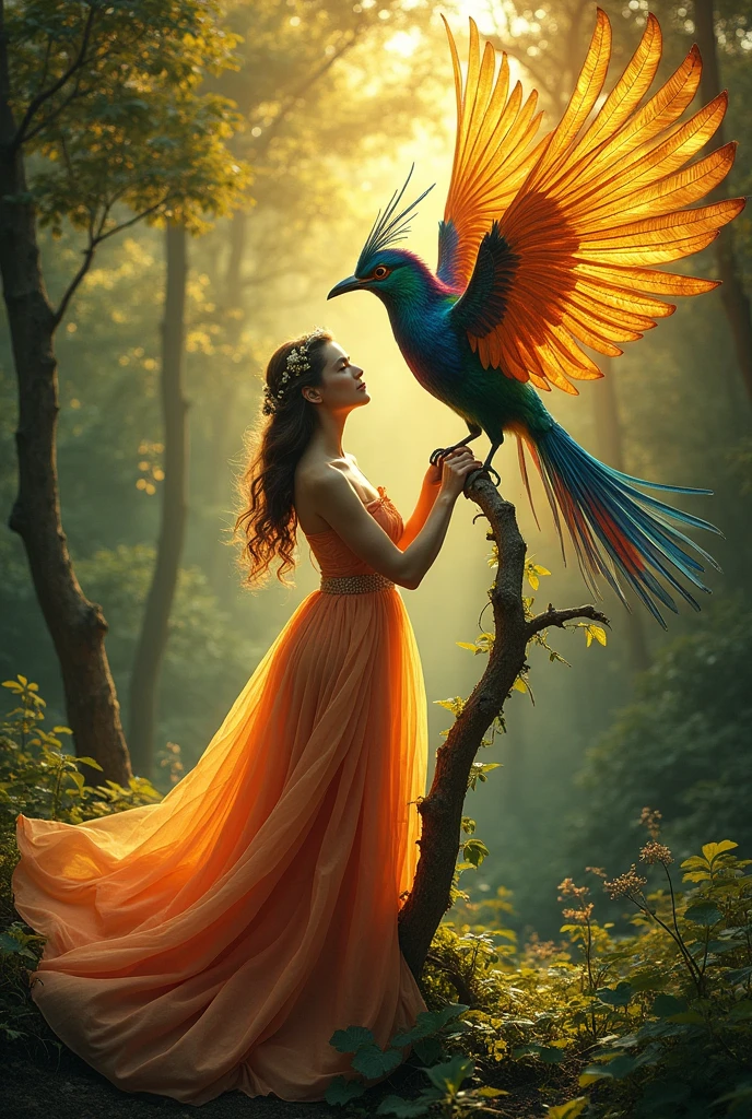 Here's the translation:
"A bird with feathers of different colors sings on a golden tree in the middle of the forest. As the bird sings, its feathers change color, and it transforms into a beautiful woman."