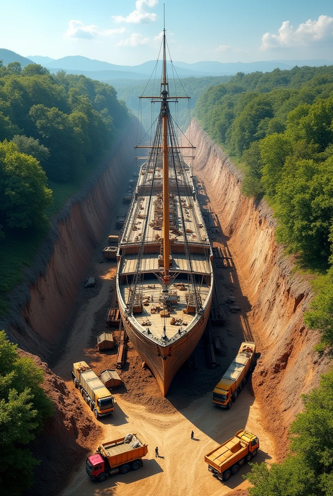 https://img.youtube.com/vi/TkZ6iLTFH5E/maxresdefault.jpg
An aerial view of a large ship partially constructed in a massive pit. The ship has wooden beams and a broad shape, resembling an ancient vessel. Surrounding the site are construction vehicles like dump trucks and cranes, with earth and dirt scattered around. The landscape is green with trees in the background, indicating a natural setting. The scene is bright and vivid, with clear blue skies. --ar 16:9 --no frame --v 6.0