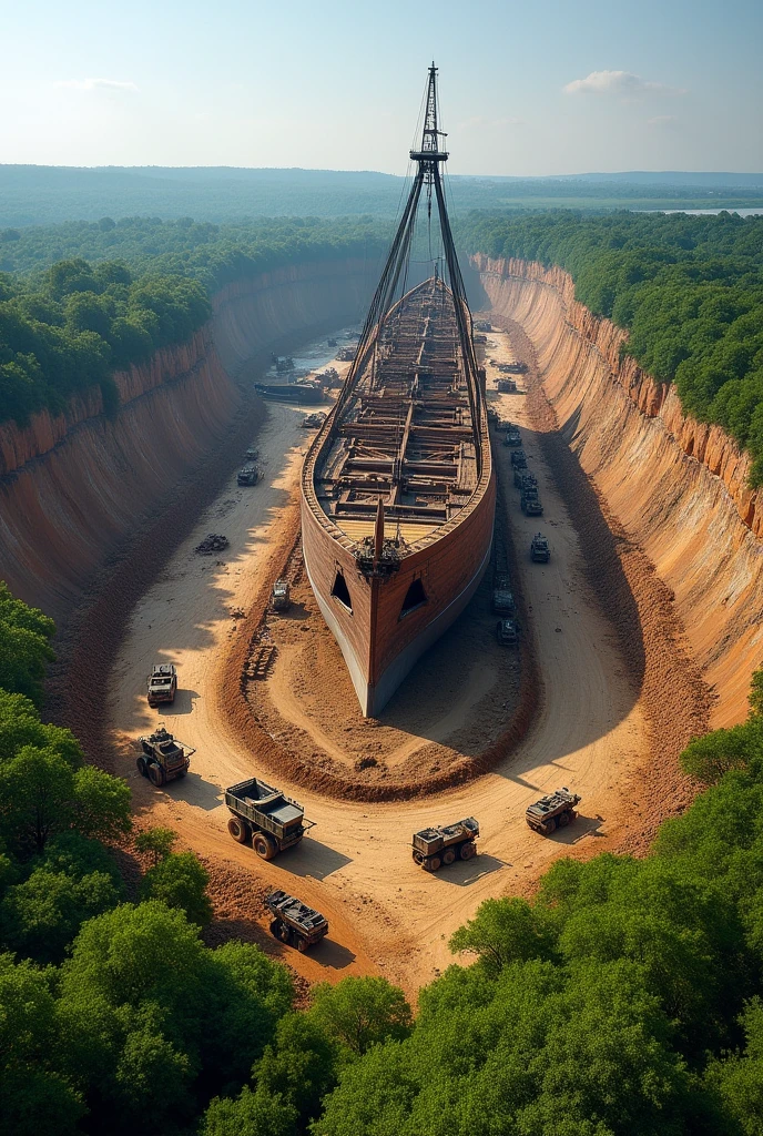 https://img.youtube.com/vi/TkZ6iLTFH5E/maxresdefault.jpg
An aerial view of a large ship partially constructed in a massive pit. The ship has wooden beams and a broad shape, resembling an ancient vessel. Surrounding the site are construction vehicles like dump trucks and cranes, with earth and dirt scattered around. The landscape is green with trees in the background, indicating a natural setting. The scene is bright and vivid, with clear blue skies. --ar 16:9 --no frame --v 6.0
